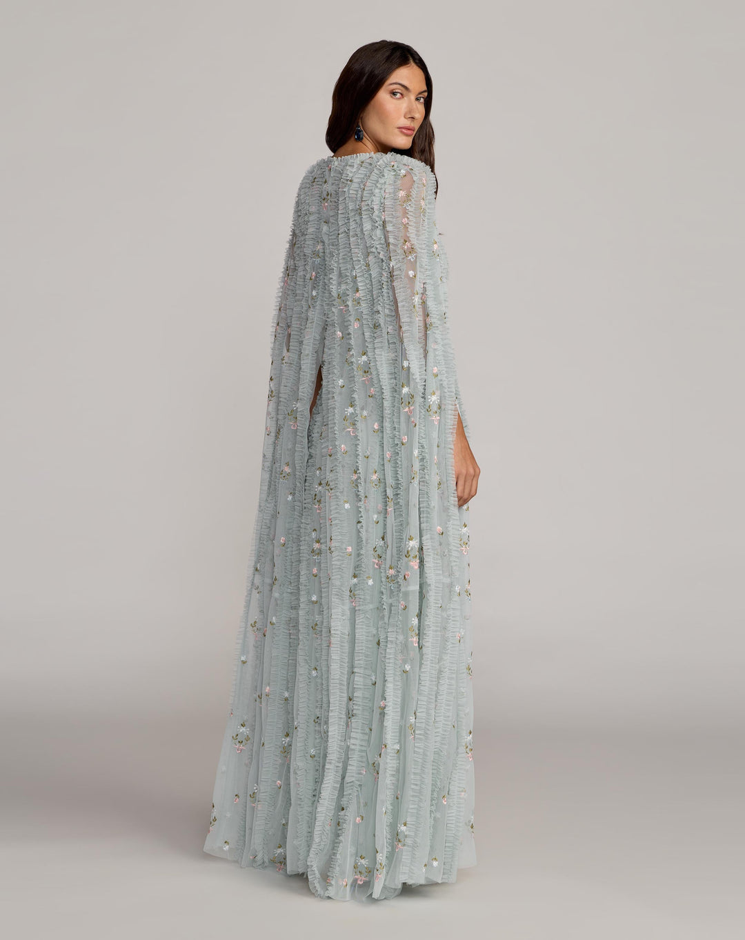 Mac Duggal 8444 Blue Embroidered High Neck Cape Sleeve Gown