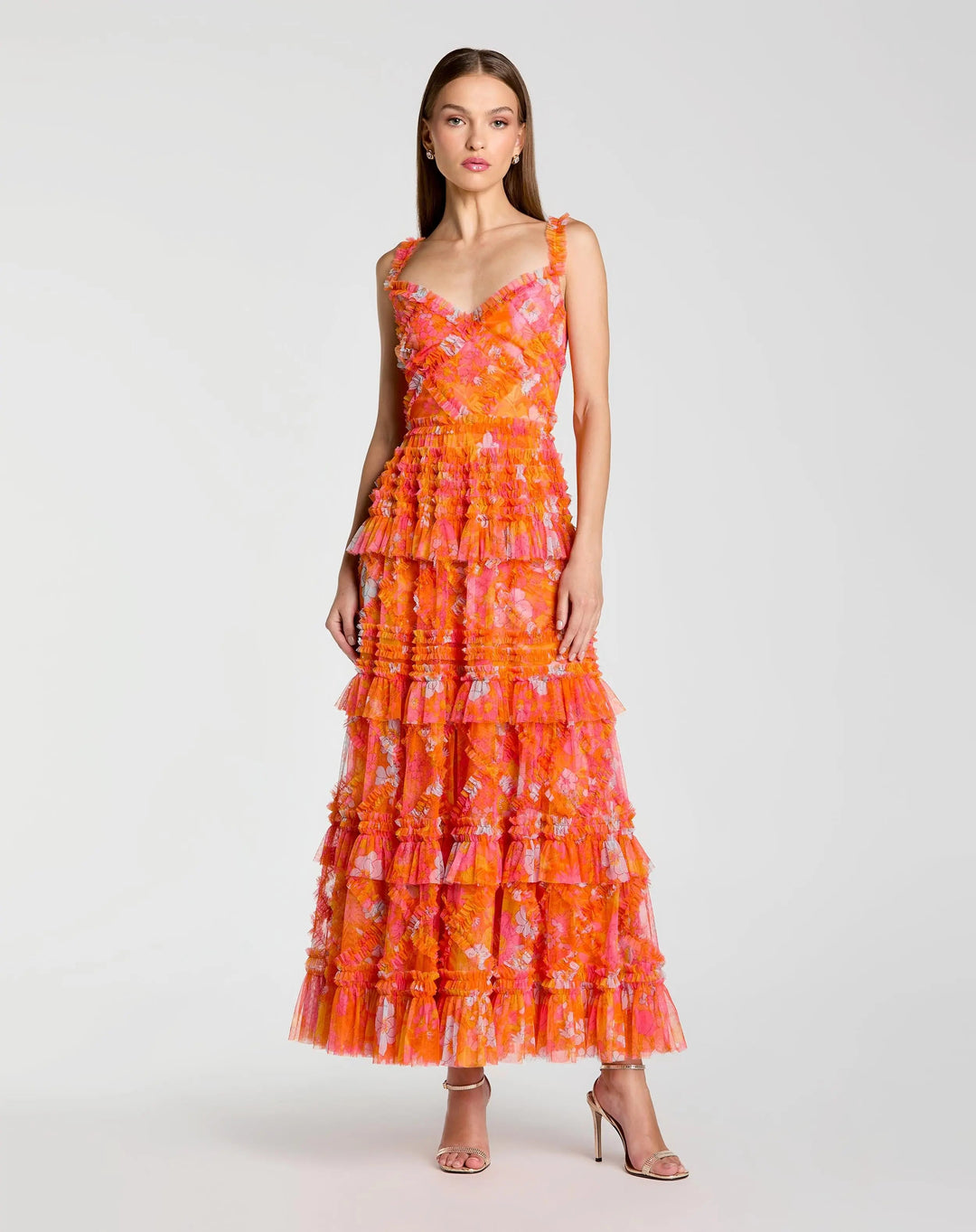 Mac Duggal 8475 Orange Sleeveless Floral Ruffle A-Line Maxi Dress - FOSTANI.com