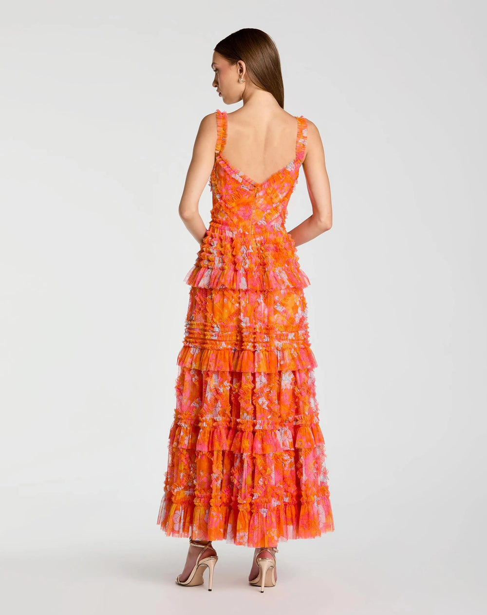 Mac Duggal 8475 Orange Sleeveless Floral Ruffle A-Line Maxi Dress - FOSTANI.com