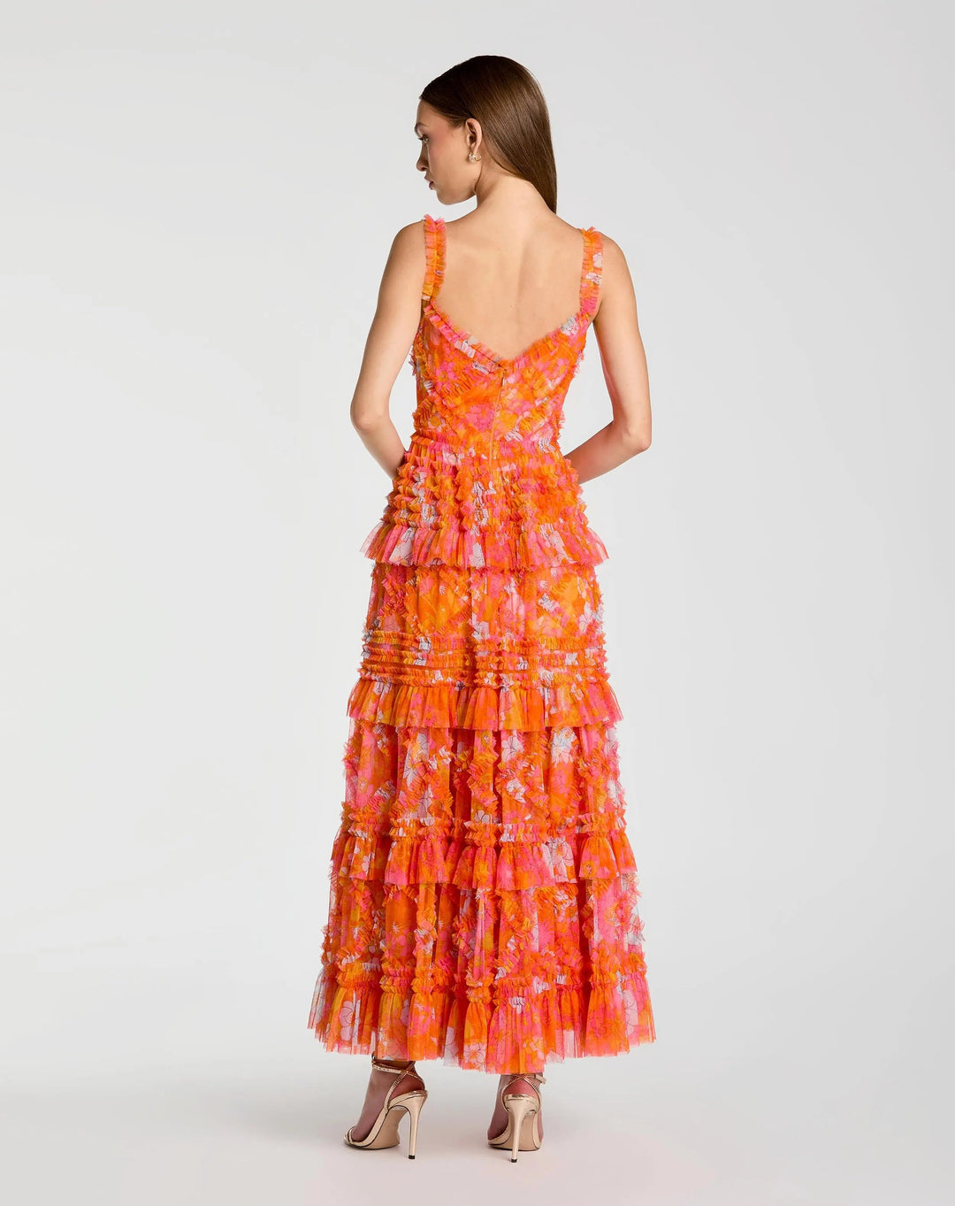Mac Duggal 8475 Orange Sleeveless Floral Ruffle A-Line Maxi Dress - FOSTANI.com