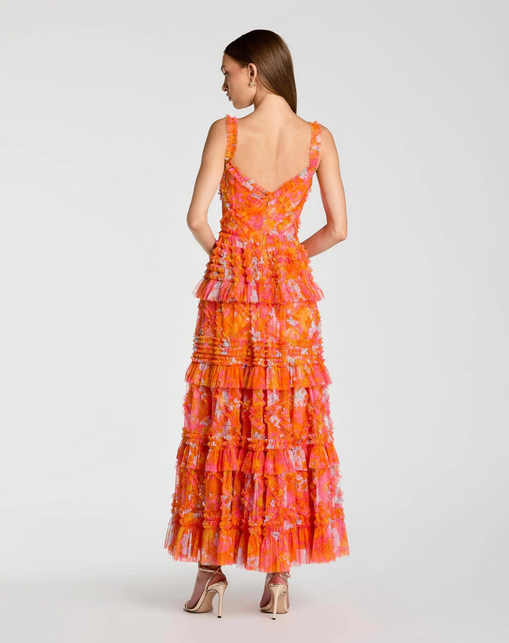 Mac Duggal 8475 Orange Sleeveless Floral Ruffle A-Line Maxi Dress - FOSTANI.com