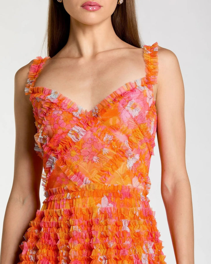 Mac Duggal 8475 Orange Sleeveless Floral Ruffle A-Line Maxi Dress - FOSTANI.com
