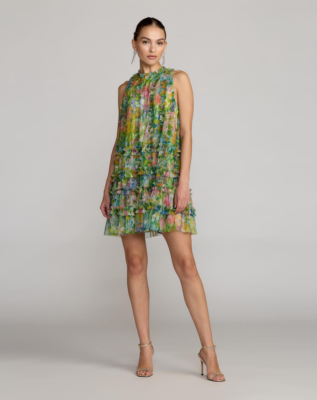 Green Printed Sleeveless High Neck Ruffle Mini Dress - FOSTANI.com