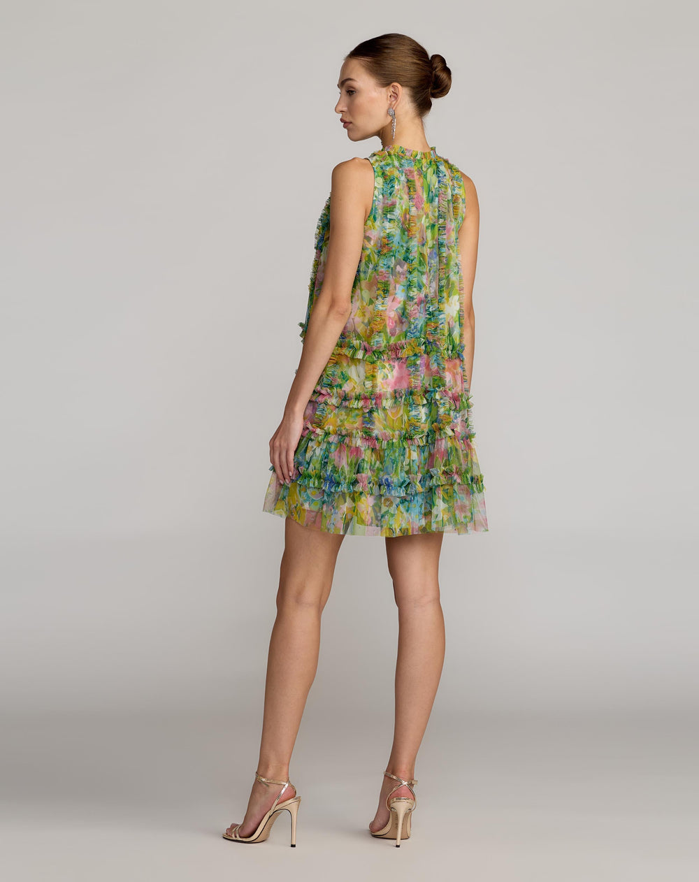 Green Printed Sleeveless High Neck Ruffle Mini Dress - FOSTANI.com