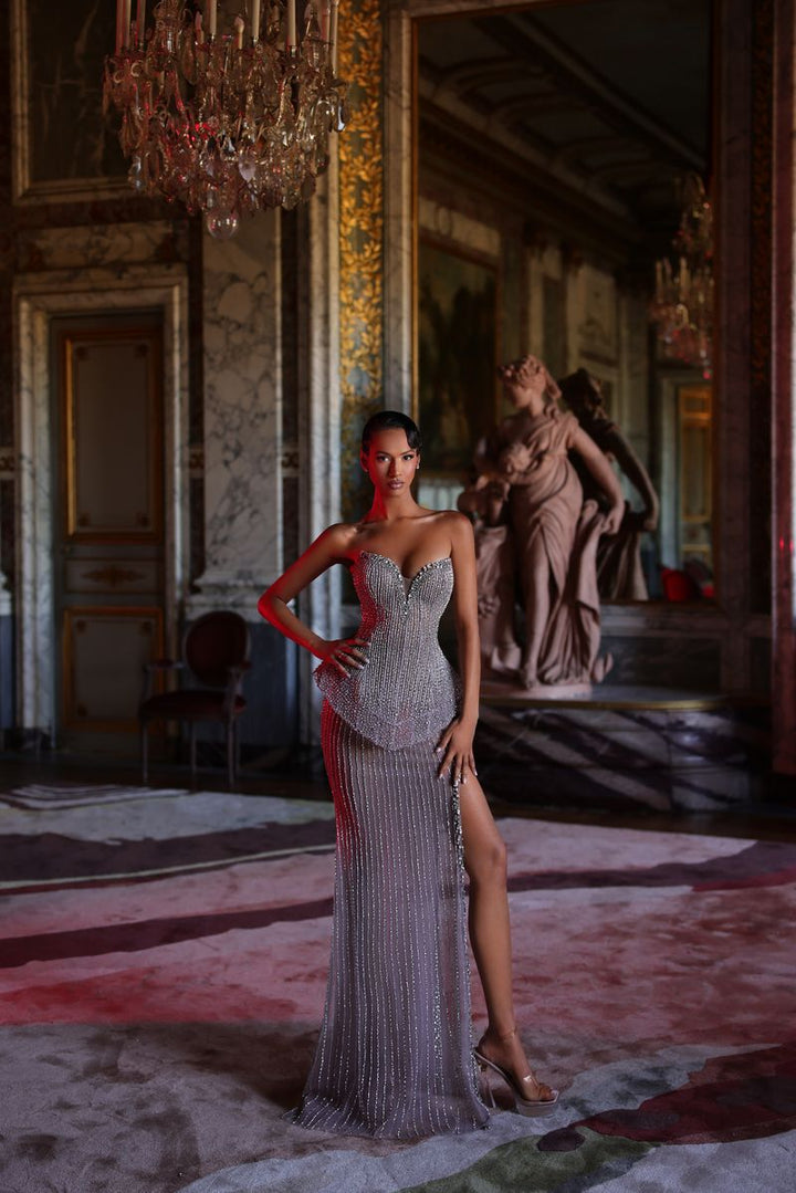 Chic & Holland PH120135 Strapless Slit Peplum Couture Dress