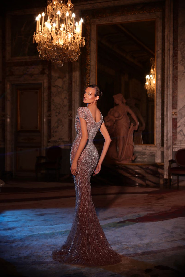 Chic & Holland HF110626 Square Neckline Cap Sleeves Plunging Illusion Beaded Sheath Couture Dress