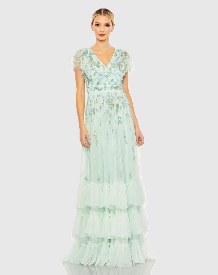 Mac Duggal 9189 Green Ruffle Tiered Embellished Faux Wrap Flutter Sleeve Gown