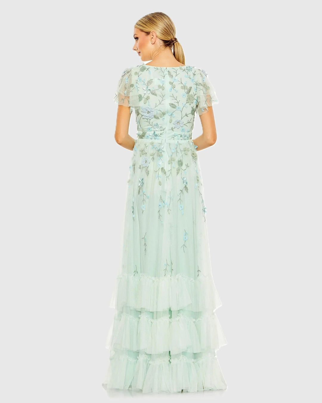 Mac Duggal 9189 Green Ruffle Tiered Embellished Faux Wrap Flutter Sleeve Gown