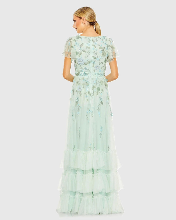 Mac Duggal 9189 Green Ruffle Tiered Embellished Faux Wrap Flutter Sleeve Gown