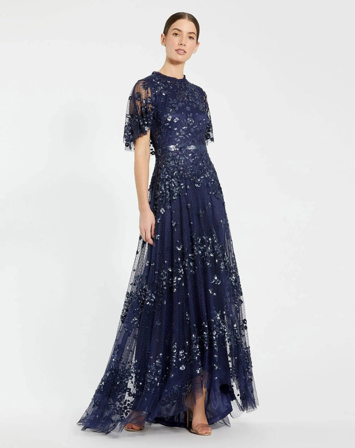 Mac Duggal 9192 Navy Sequined High Neck Flutter Sleeve A Line Gown