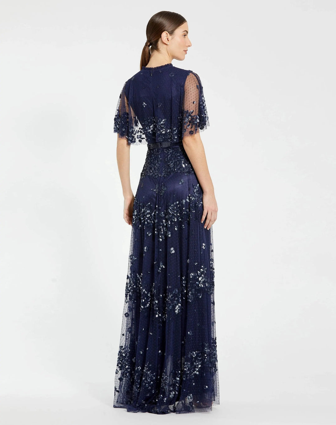 Mac Duggal 9192 Navy Sequined High Neck Flutter Sleeve A Line Gown
