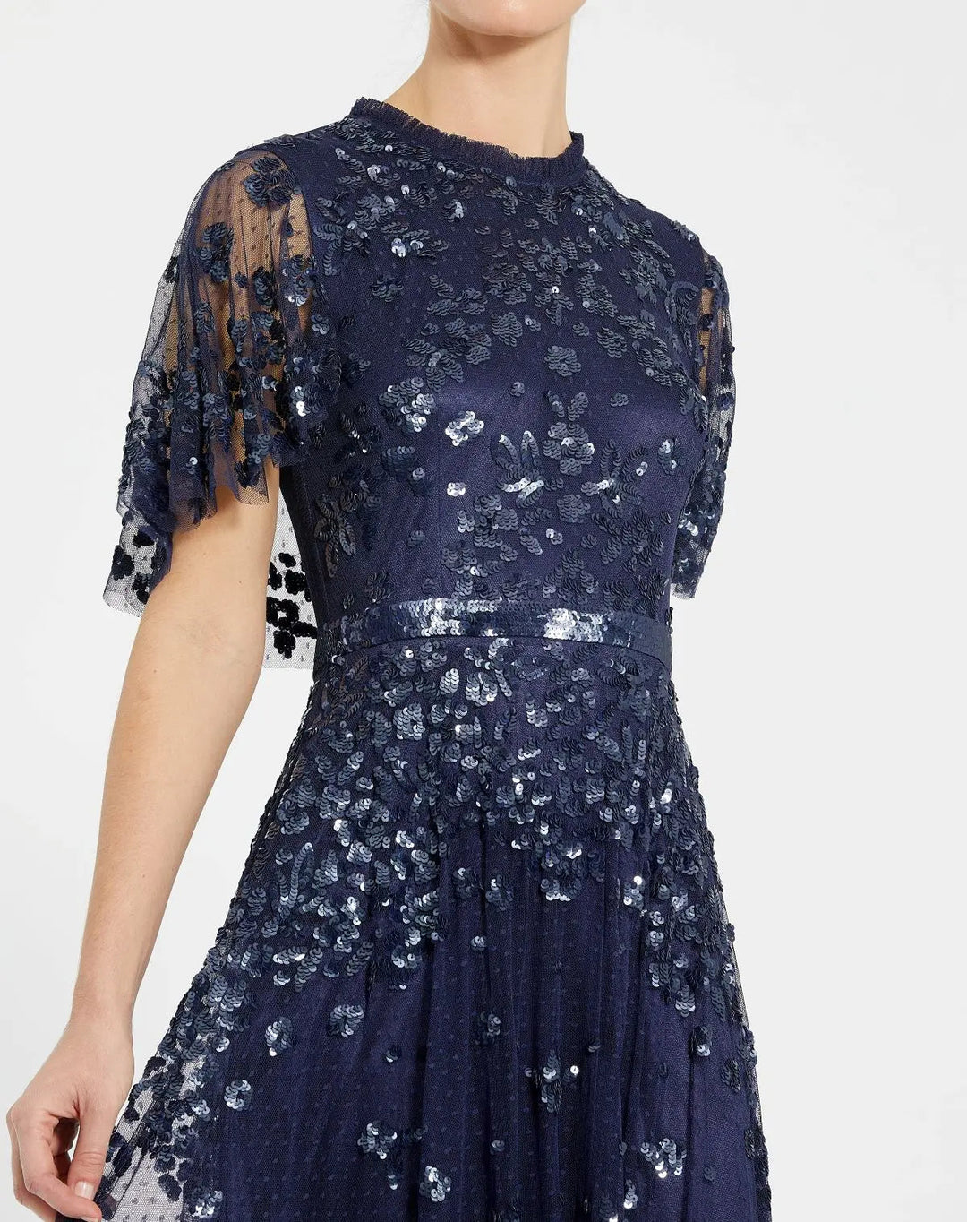Mac Duggal 9192 Navy Sequined High Neck Flutter Sleeve A Line Gown
