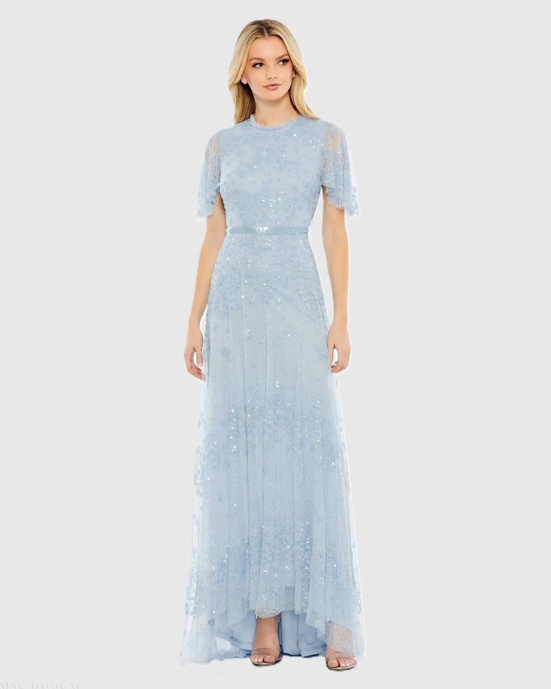 Mac Duggal 9192 Navy Sequined High Neck Flutter Sleeve A Line Gown