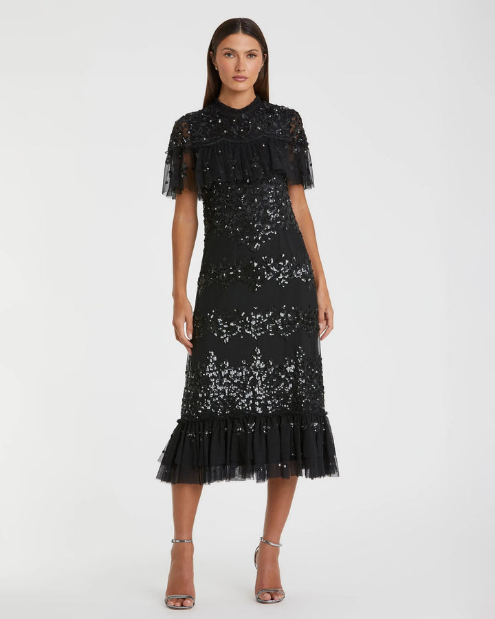 Mac Duggal 9193 Black Sequined High Neck Ruffled Midi Dress