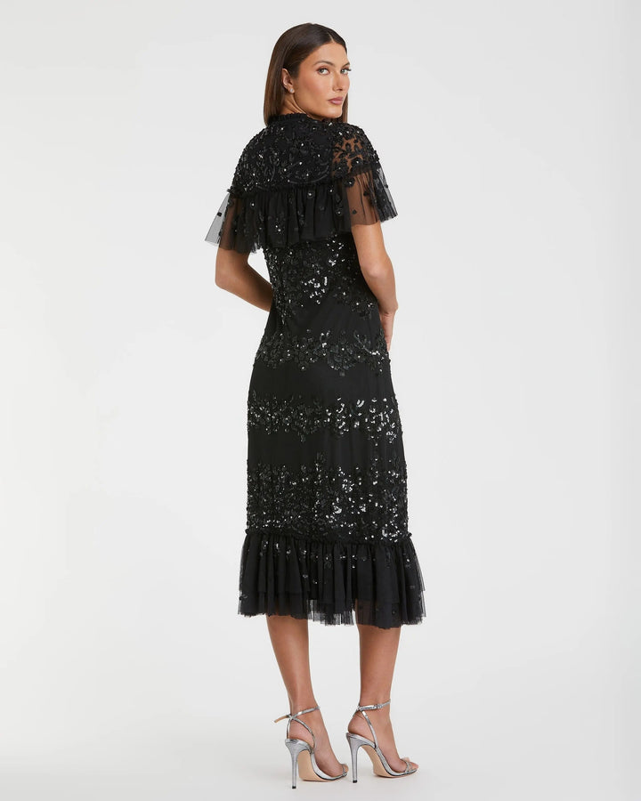 Mac Duggal 9193 Black Sequined High Neck Ruffled Midi Dress