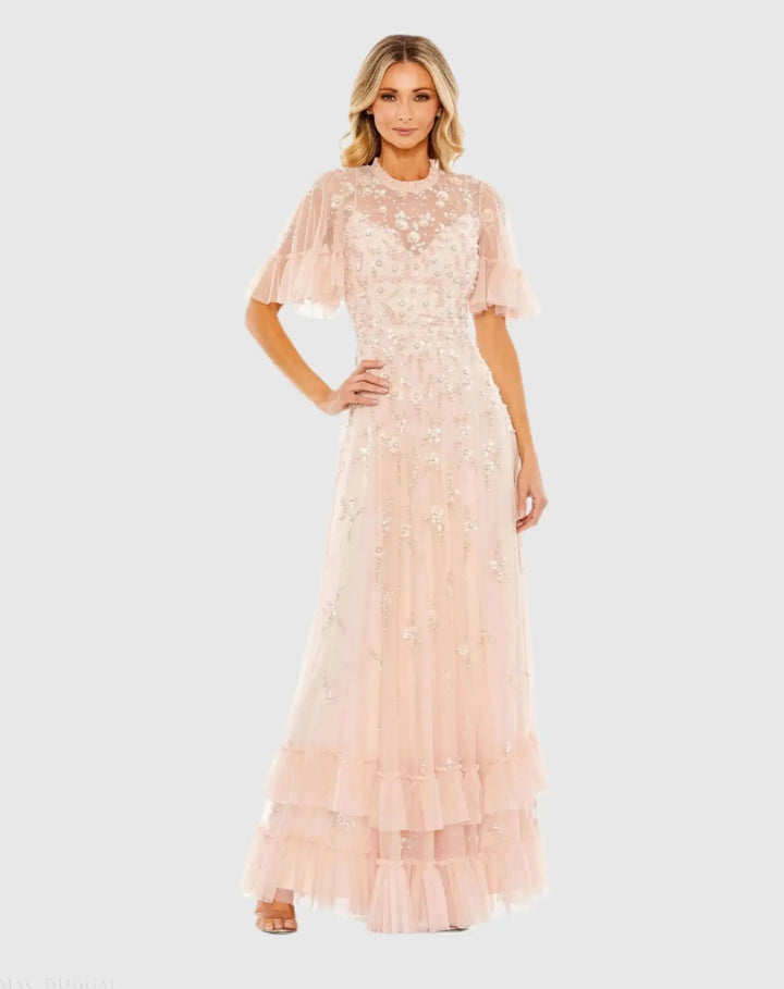 Mac Duggal 9199 Light Pink Floral Embellished Flutter Sleeve A-Line Gown