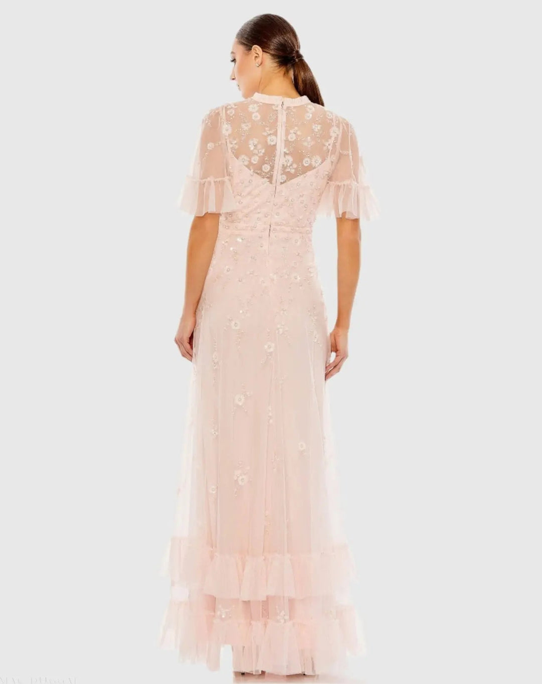Mac Duggal 9199 Light Pink Floral Embellished Flutter Sleeve A-Line Gown