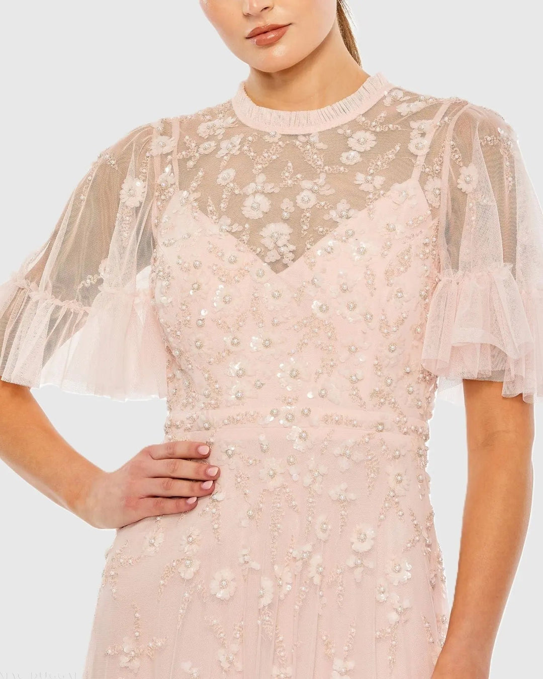 Mac Duggal 9199 Light Pink Floral Embellished Flutter Sleeve A-Line Gown