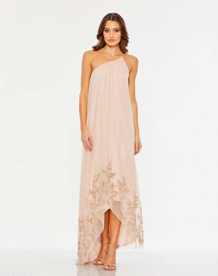 Mac Duggal 9218 Pink Flowy One Shoulder Beaded Trapeze Gown