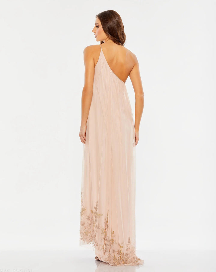 Mac Duggal 9218 Pink Flowy One Shoulder Beaded Trapeze Gown