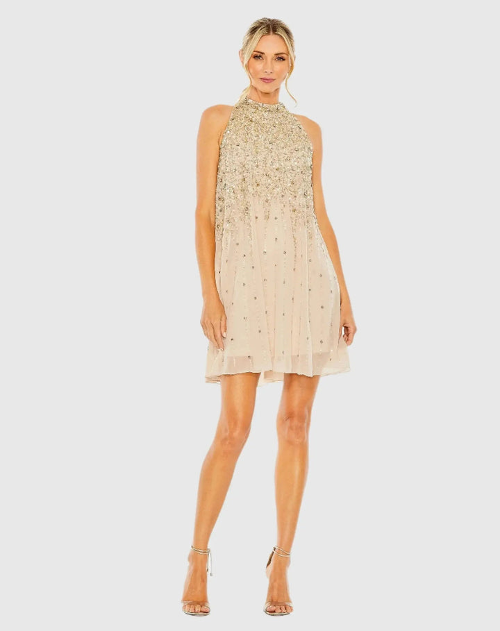 Mac Duggal 9225 High Neck Sleeveless Sequin Embellished Trapeze Dress
