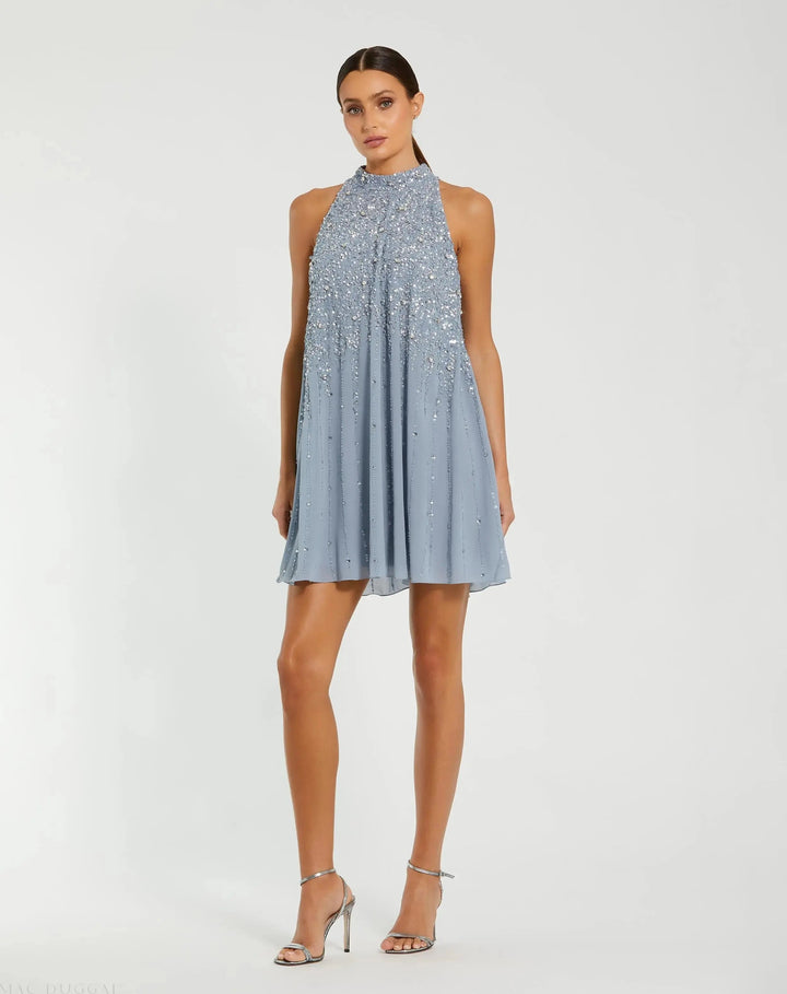 Mac Duggal 9225 High Neck Sleeveless Sequin Embellished Trapeze Dress