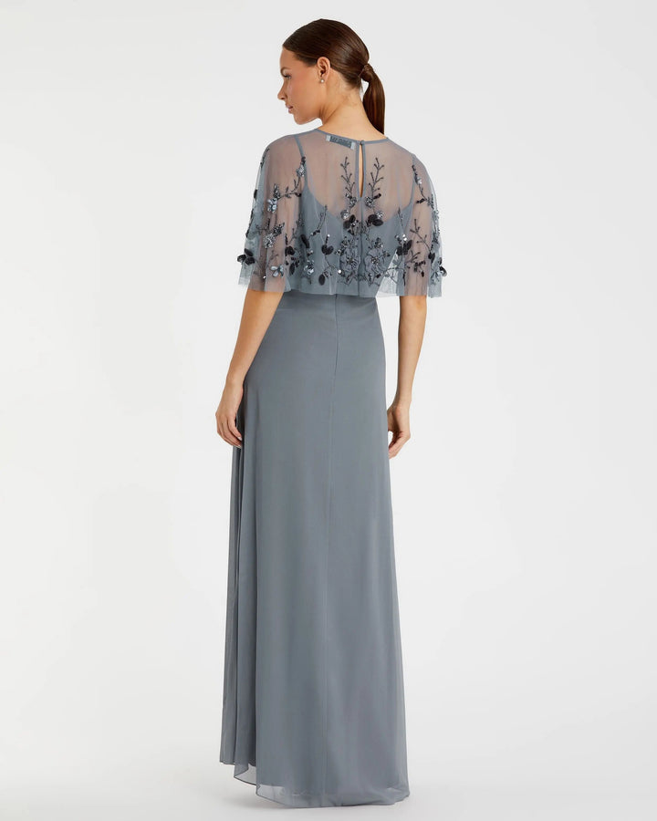 Mac Duggal 9229 Gray Sleeveless Gown With Embellished Cape