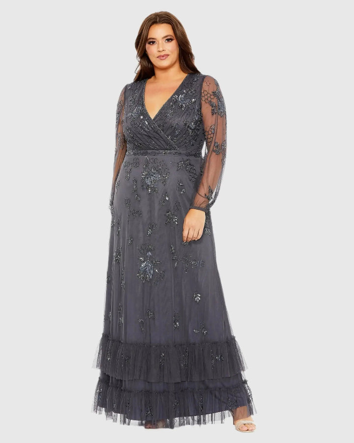 Mac Duggal 9247 Gray Long Sleeve Embellished V-Neck Gown (Plus)