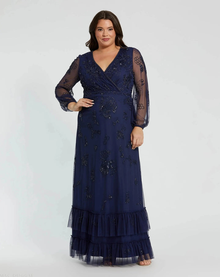 Mac Duggal 9247 Gray Long Sleeve Embellished V-Neck Gown (Plus)
