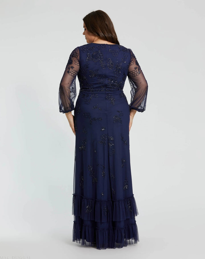 Mac Duggal 9247 Gray Long Sleeve Embellished V-Neck Gown (Plus)