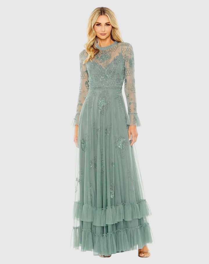 Mac Duggal 9249 Green Embellished Long Sleeve Ruffle Gown