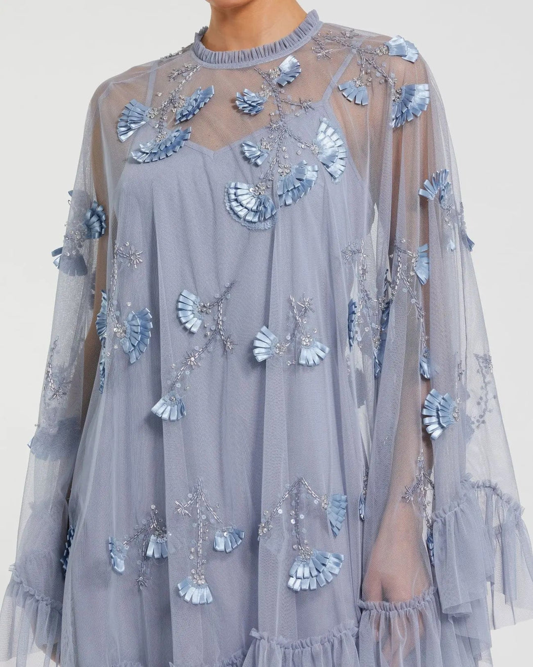 Blue Embellished Long Sleeve Trapeze Dress with Ruffle Hem - FOSTANI.com