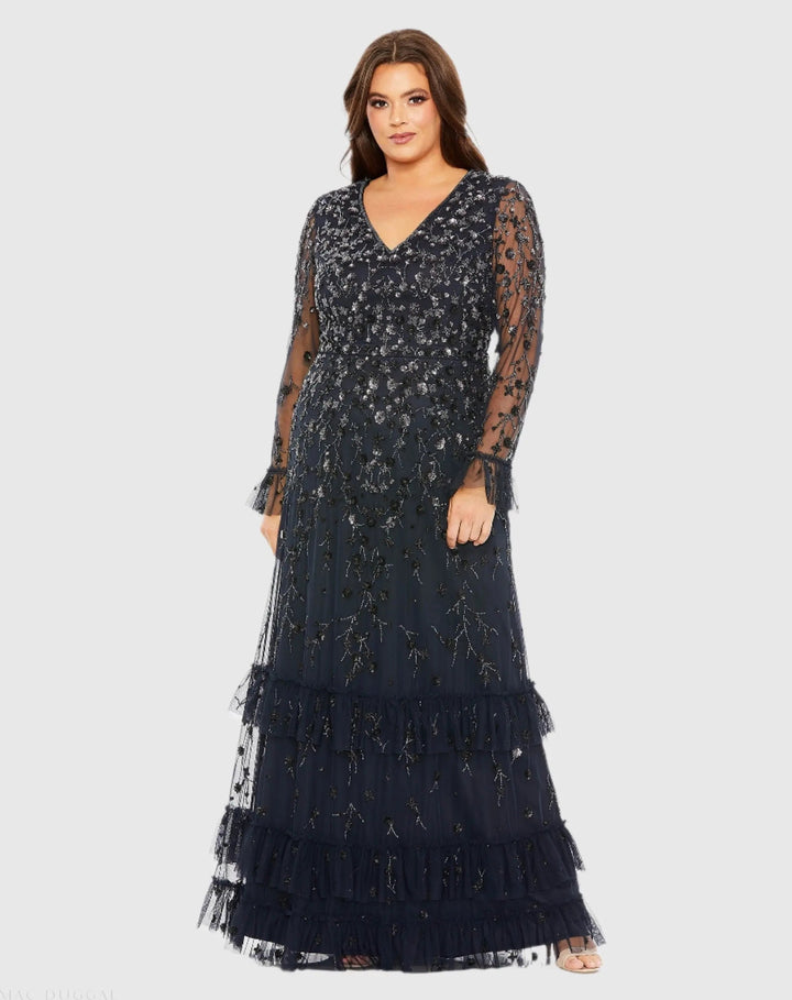 Mac Duggal 9271 Navy V-Neck Embellished Long Flutter Sleeve Gown