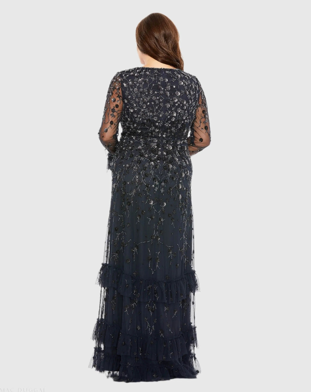 Mac Duggal 9271 Navy V-Neck Embellished Long Flutter Sleeve Gown
