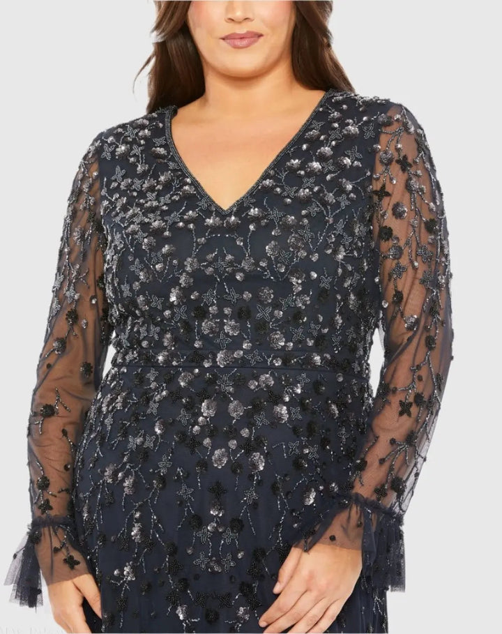 Mac Duggal 9271 Navy V-Neck Embellished Long Flutter Sleeve Gown