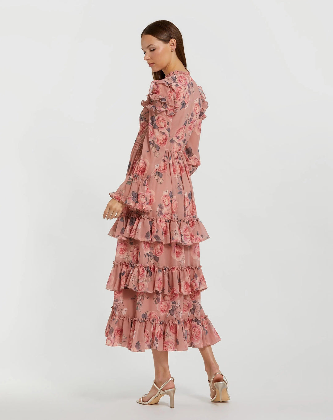 Mac Duggal 9306 Pink Long Sleeve Lace Up Front Tiered Ruffle Dress