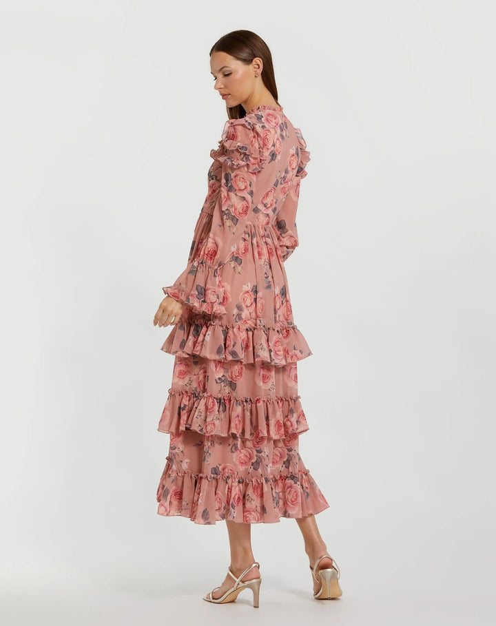 Mac Duggal 9306 Pink Long Sleeve Lace Up Front Tiered Ruffle Dress