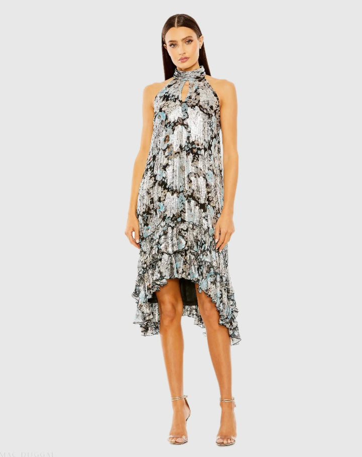 Mac Duggal 9314 Floral High Neck Keyhole Ruffle Mini Dress