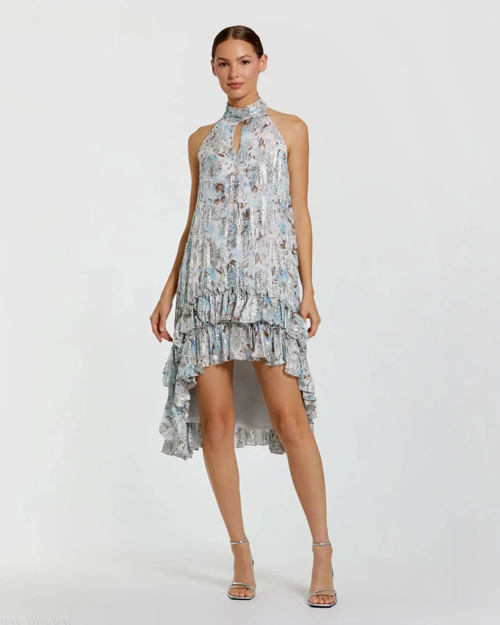 Mac Duggal 9314 Floral High Neck Keyhole Ruffle Mini Dress