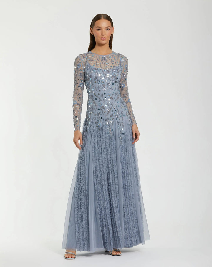 Mac Duggal 9357 Blue Embellished Long Sleeve Drop Waist Gown