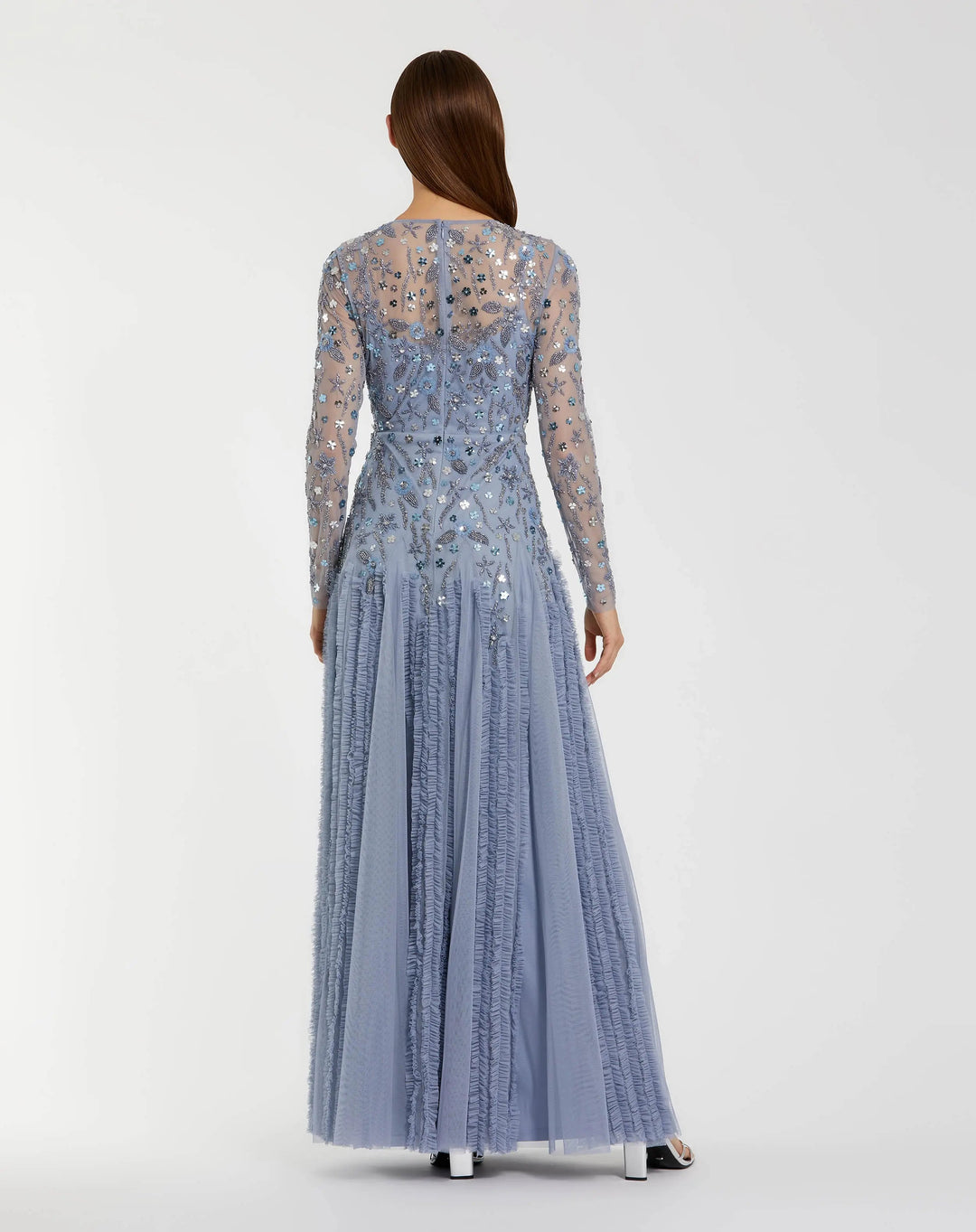 Mac Duggal 9357 Blue Embellished Long Sleeve Drop Waist Gown