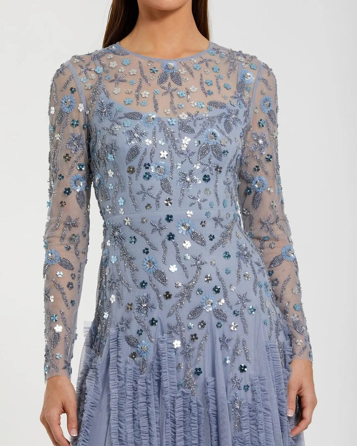 Mac Duggal 9357 Blue Embellished Long Sleeve Drop Waist Gown