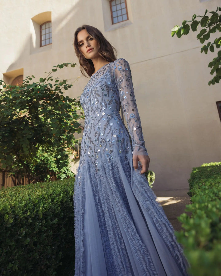 Mac Duggal 9357 Blue Embellished Long Sleeve Drop Waist Gown