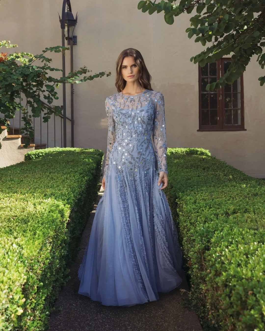 Mac Duggal 9357 Blue Embellished Long Sleeve Drop Waist Gown