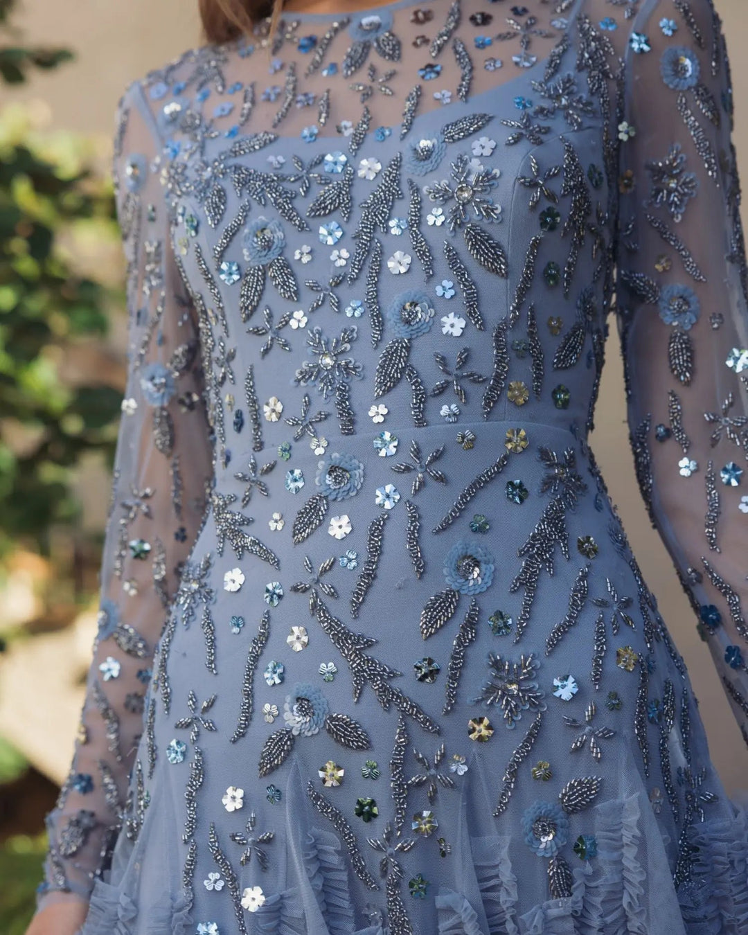 Mac Duggal 9357 Blue Embellished Long Sleeve Drop Waist Gown