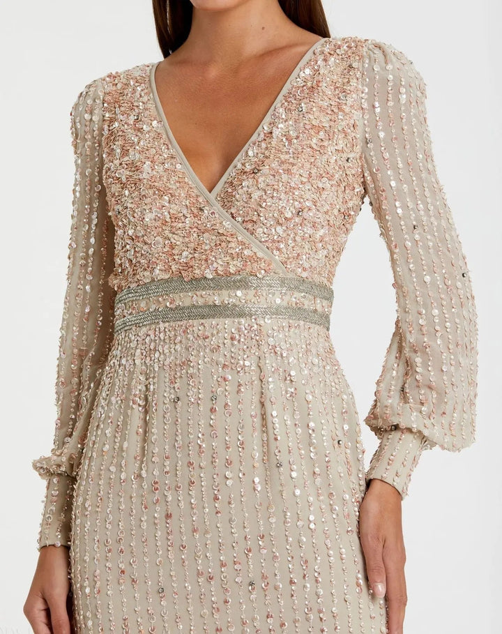 Mac Duggal 93593 Sequined V Neck Bishop Sleeve Dress
