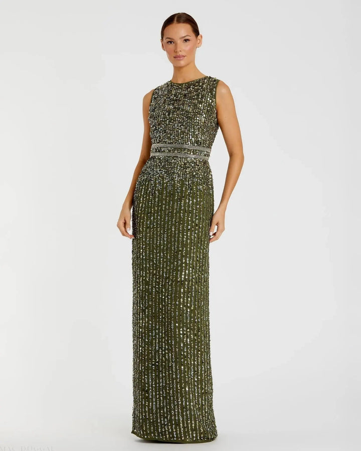 Mac Duggal 93603 Green Sequined High Neck Sleeveless Column Gown