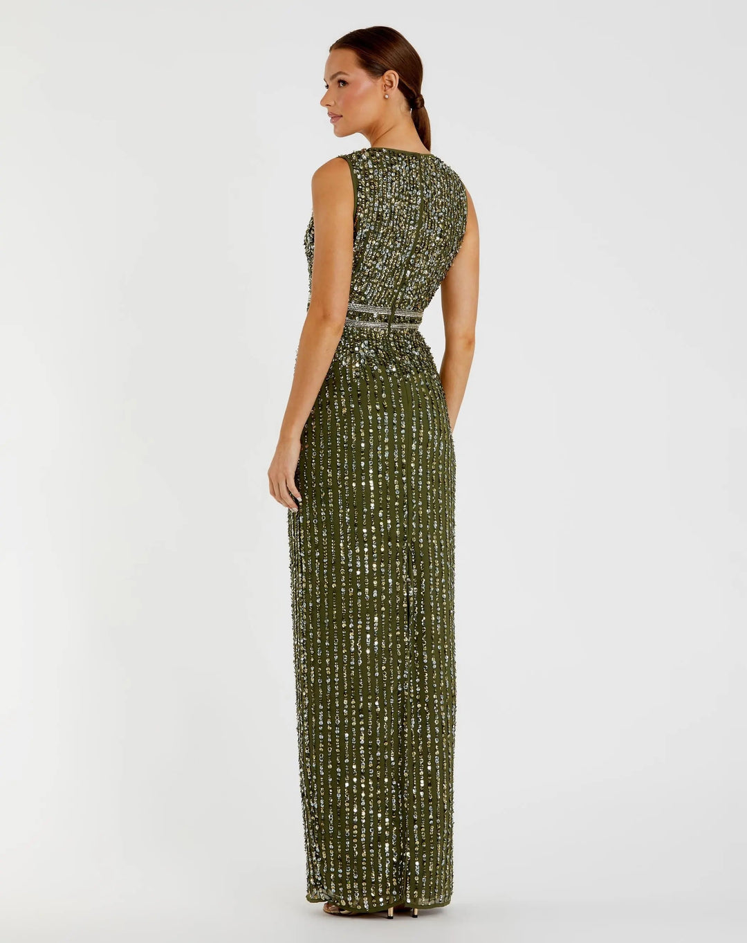 Mac Duggal 93603 Green Sequined High Neck Sleeveless Column Gown