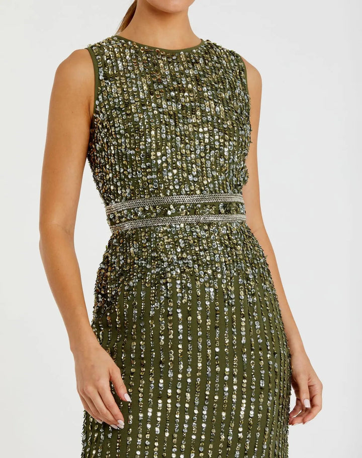Mac Duggal 93603 Green Sequined High Neck Sleeveless Column Gown