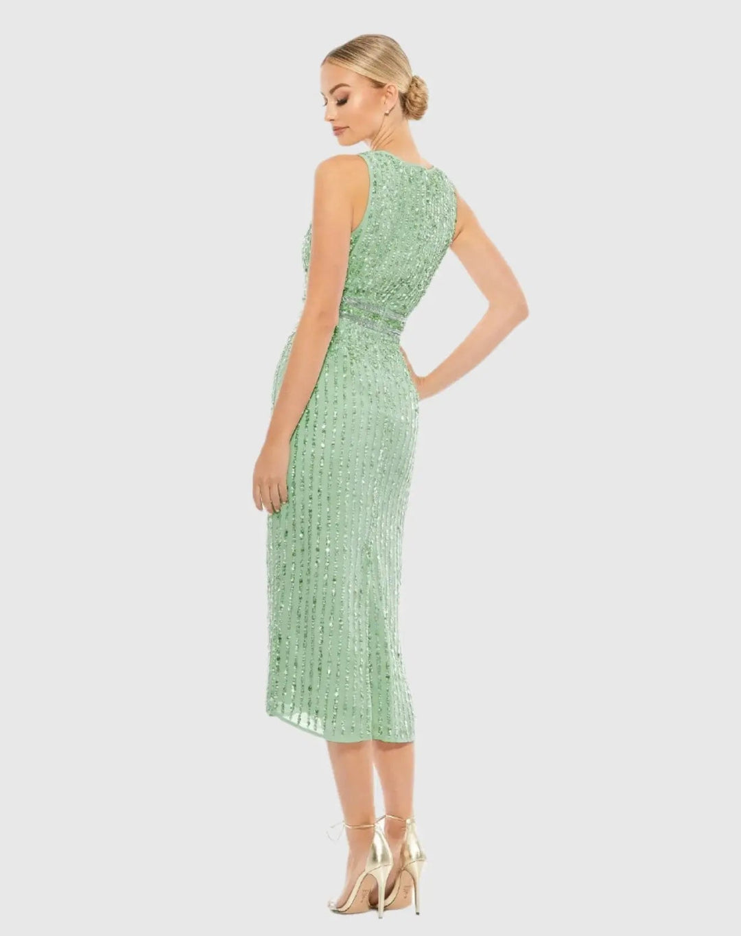 Mac Duggal 70267 Green Sequined Sleeveless V-Neck Midi Sheath Dress